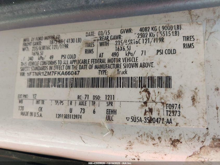 2015 Ford Transit-250 VIN: 1FTNR1ZM7FKA66047 Lot: 43959928