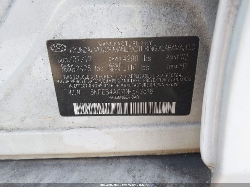 2013 Hyundai Sonata Gls VIN: 5NPEB4AC7DH542818 Lot: 43959930