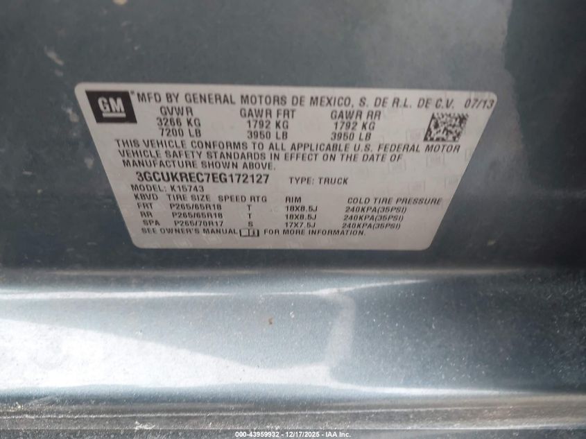 2014 Chevrolet Silverado 1500 2Lt VIN: 3GCUKREC7EG172127 Lot: 43959932