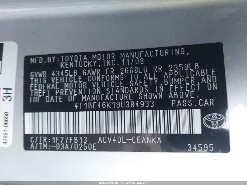2009 Toyota Camry Le VIN: 4T1BE46K19U384933 Lot: 43959936