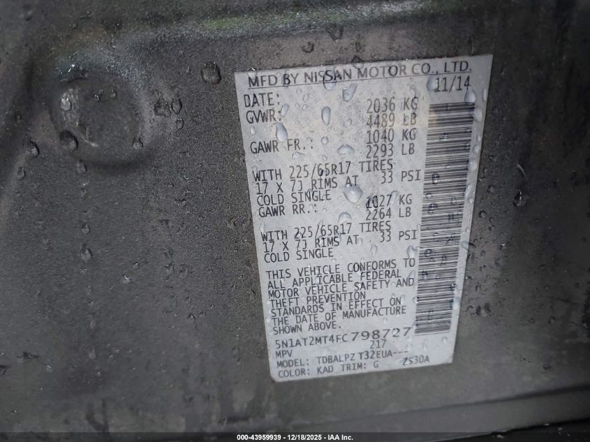 2015 Nissan Rogue S VIN: 5N1AT2MT4FC798727 Lot: 43959939
