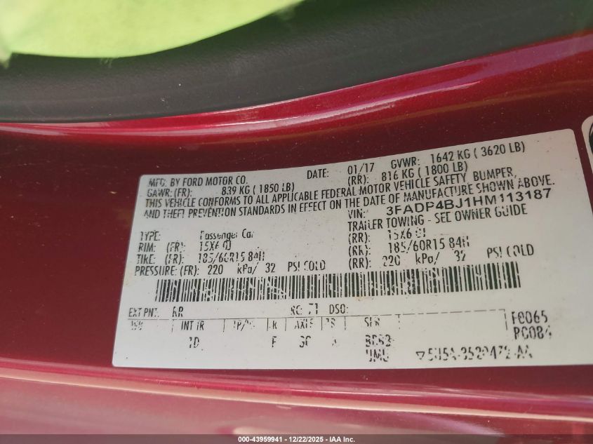 2017 Ford Fiesta Se VIN: 3FADP4BJ1HM113187 Lot: 43959941