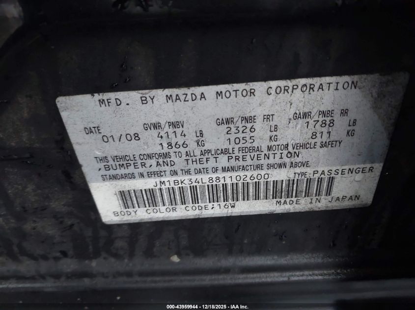 2008 Mazda Mazdaspeed3 Grand Touring VIN: JM1BK34L881102600 Lot: 43959944