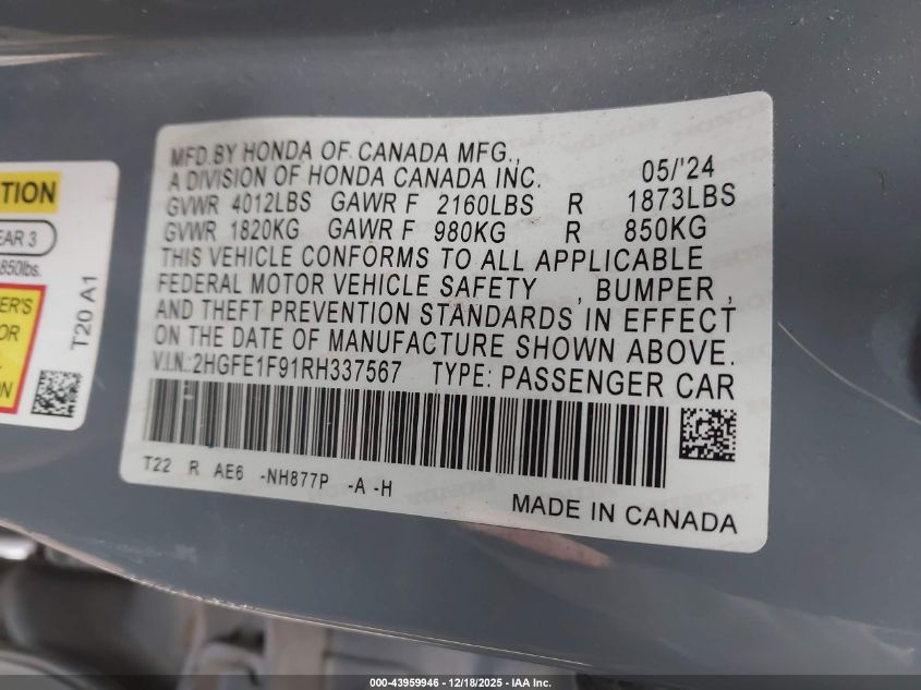 2024 Honda Civic Touring VIN: 2HGFE1F91RH337567 Lot: 43959946