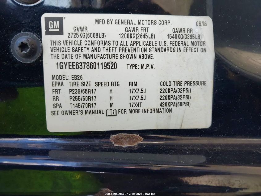 2006 Cadillac Srx V6 VIN: 1GYEE637860119520 Lot: 43959947