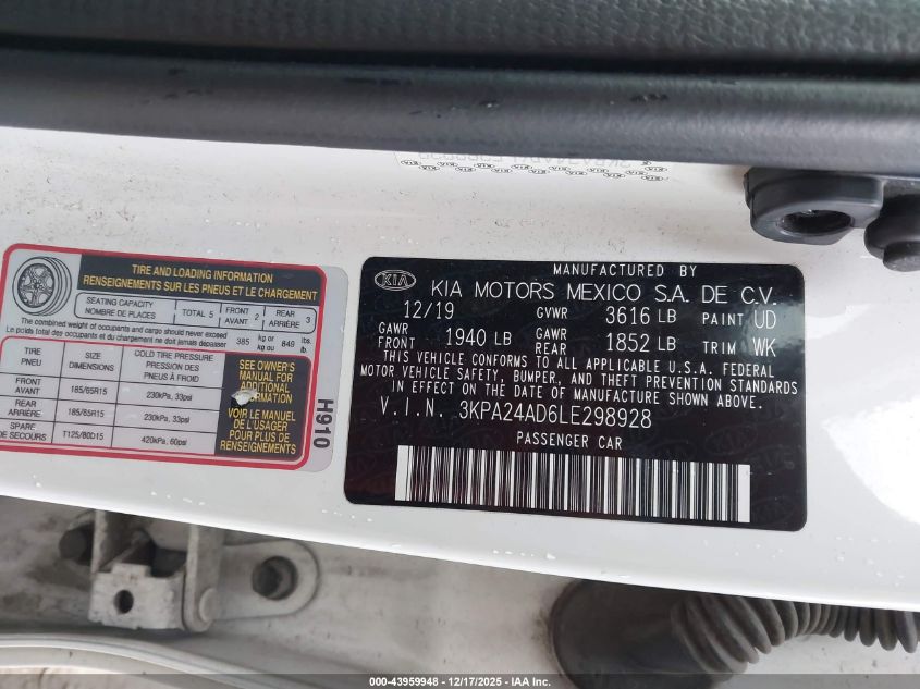 2020 Kia Rio S VIN: 3KPA24AD6LE298928 Lot: 43959948