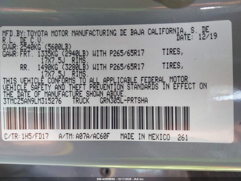 2020 Toyota Tacoma Trd Sport VIN: 3TMCZ5AN9LM315276 Lot: 43959956