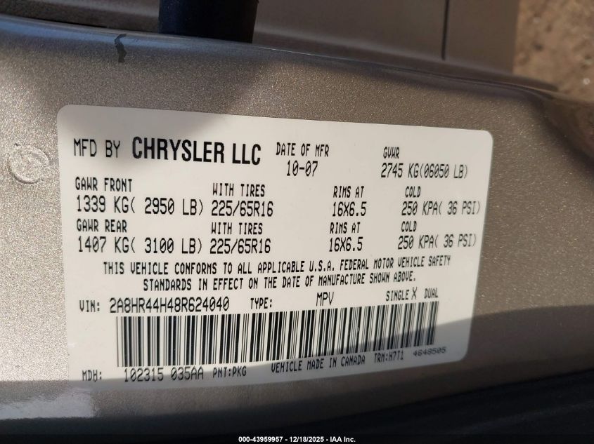 2008 Chrysler Town & Country Lx VIN: 2A8HR44H48R624040 Lot: 43959957