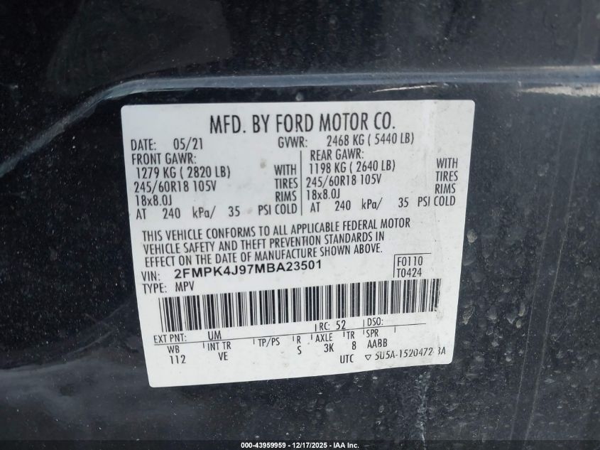 2021 Ford Edge Sel VIN: 2FMPK4J97MBA23501 Lot: 43959959
