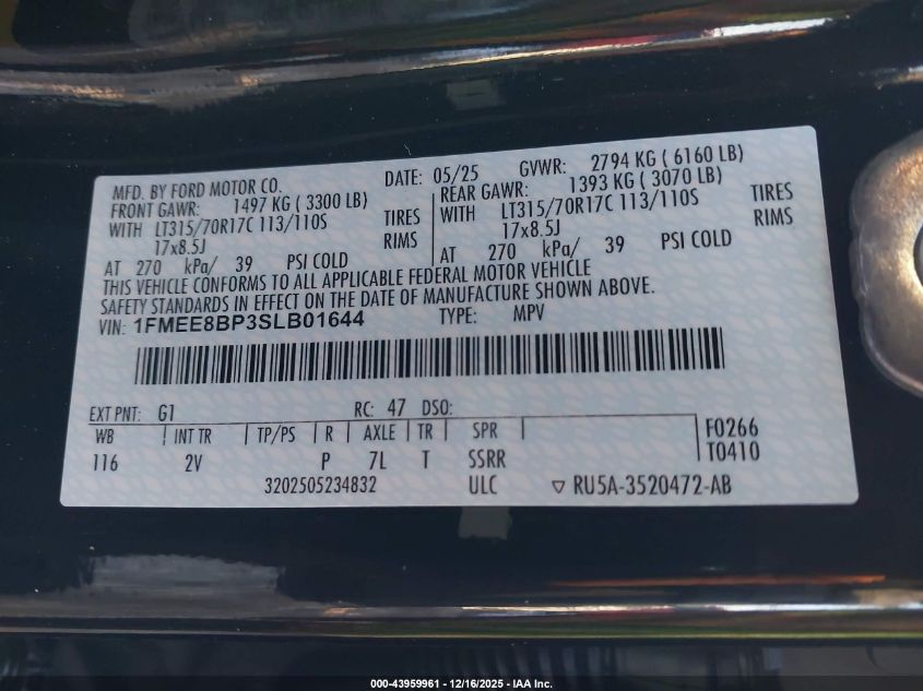 2025 Ford Bronco Outer Banks VIN: 1FMEE8BP3SLB01644 Lot: 43959961