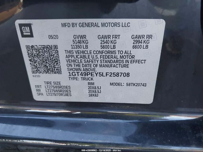 2020 GMC Sierra 2500Hd 4Wd Standard Bed At4 VIN: 1GT49PEY5LF258708 Lot: 43959962