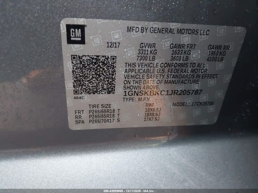 2018 Chevrolet Tahoe Lt VIN: 1GNSKBKC1JR205787 Lot: 43959966