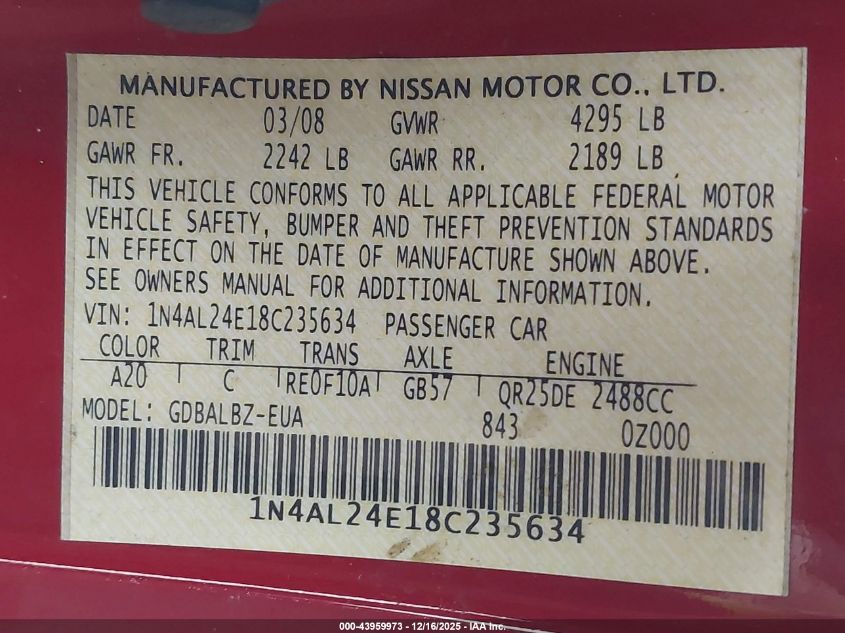 2008 Nissan Altima 2.5 S VIN: 1N4AL24E18C235634 Lot: 43959973