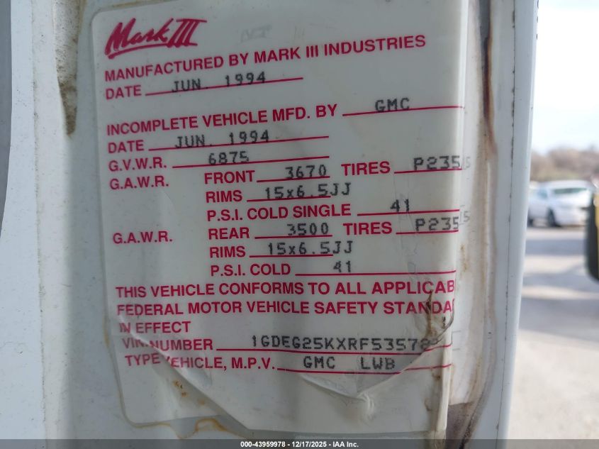 1994 GMC Rally Wagon / Van G2500 VIN: 1GDEG25KXRF535723 Lot: 43959978