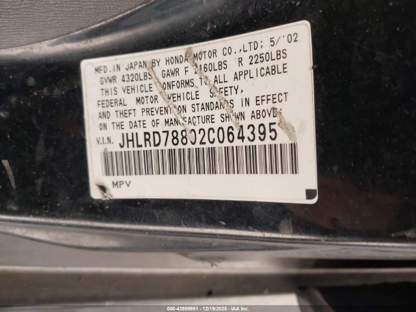2002 Honda Cr-V Ex VIN: JHLRD78802C064395 Lot: 43959981