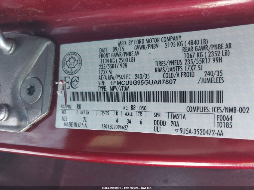 2016 Ford Escape Se VIN: 1FMCU9G95GUA87807 Lot: 43959982