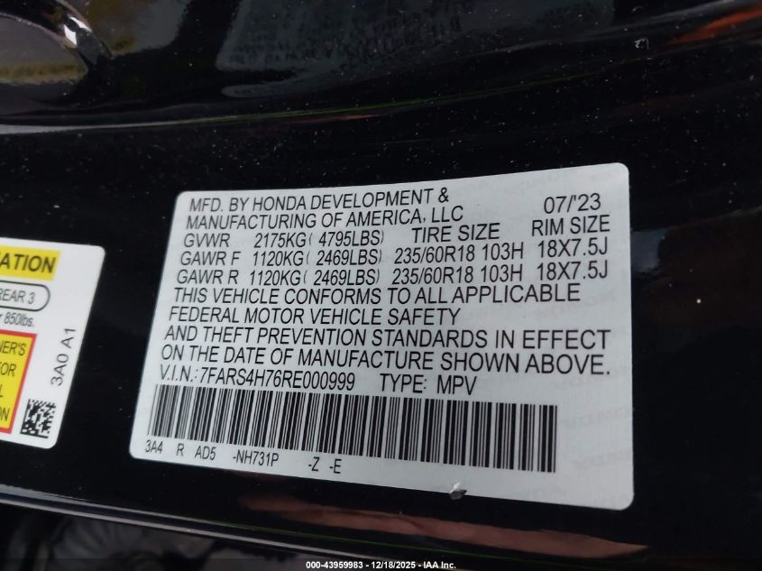 2024 Honda Cr-V Ex-L Awd VIN: 7FARS4H76RE000999 Lot: 43959983