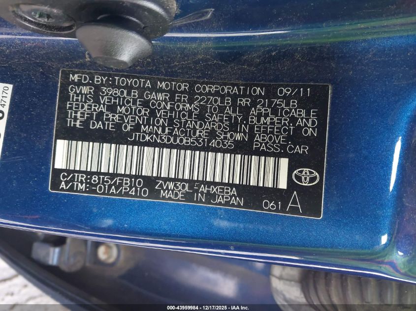 2011 Toyota Prius Three VIN: JTDKN3DU0B5314035 Lot: 43959984