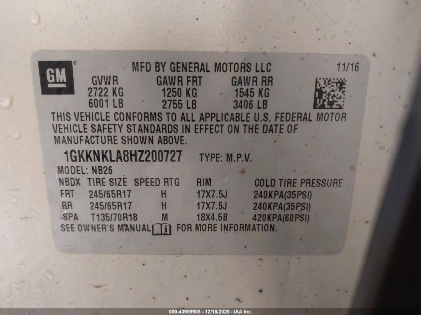 2017 GMC Acadia Sle-1 VIN: 1GKKNKLA8HZ200727 Lot: 43959985