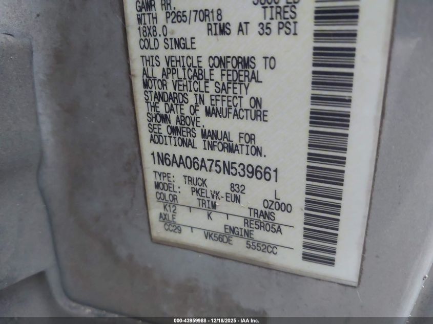 2005 Nissan Titan Le VIN: 1N6AA06A75N539661 Lot: 43959988