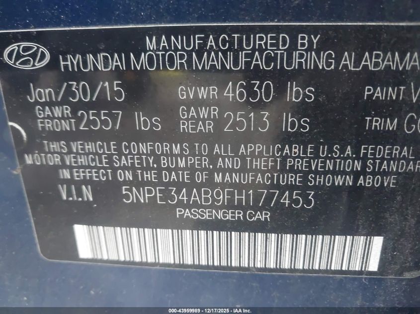 2015 Hyundai Sonata Limited 2.0T VIN: 5NPE34AB9FH177453 Lot: 43959989