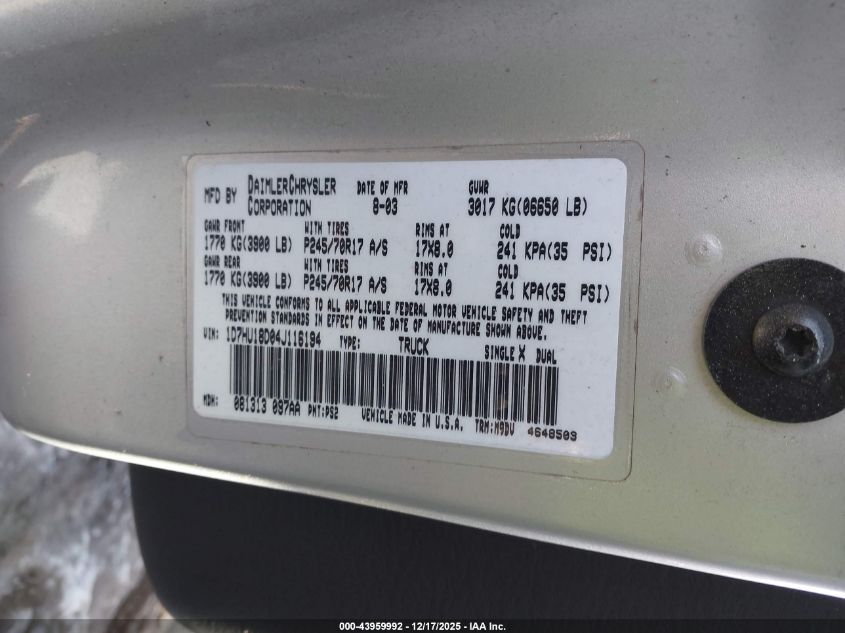 2004 Dodge Ram 1500 Slt/Laramie VIN: 1D7HU18D04J116194 Lot: 43959992