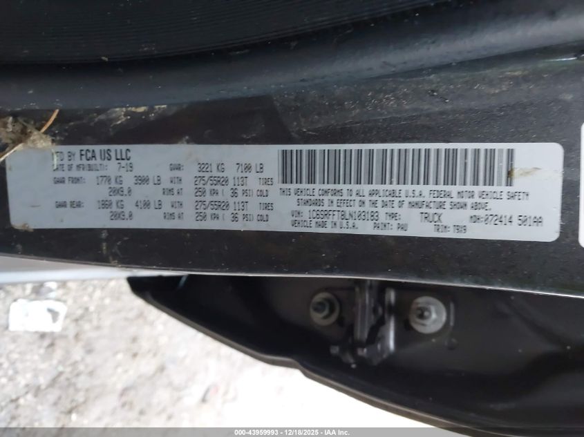 2020 Ram 1500 Big Horn 4X4 5'7 Box VIN: 1C6SRFFT8LN103183 Lot: 43959993