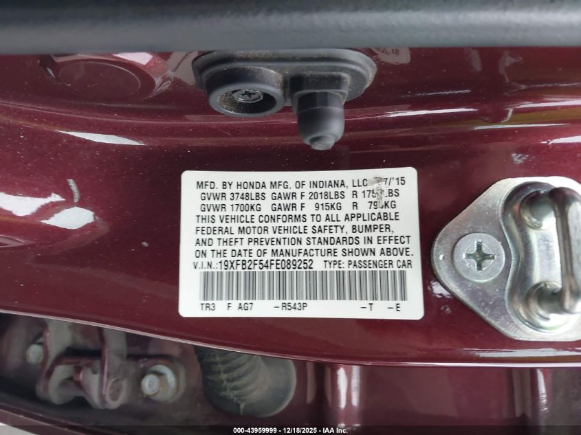 2015 Honda Civic Lx VIN: 19XFB2F54FE089252 Lot: 43959999