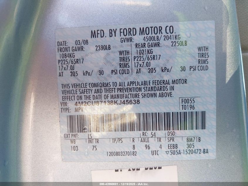 2008 Mercury Mariner Premier VIN: 4M2CU87138KJ45638 Lot: 43960001