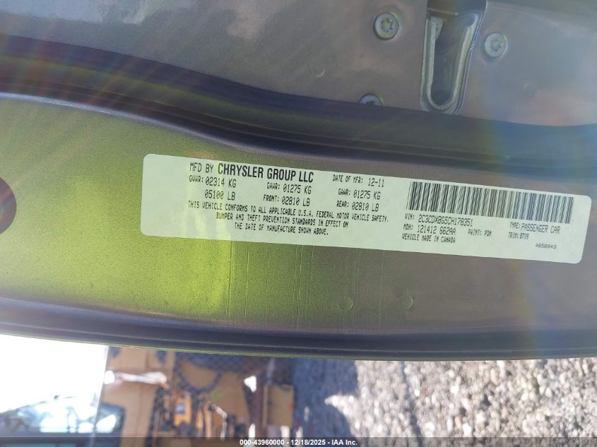 2012 Dodge Charger Se VIN: 2C3CDXBG5CH178351 Lot: 43960000