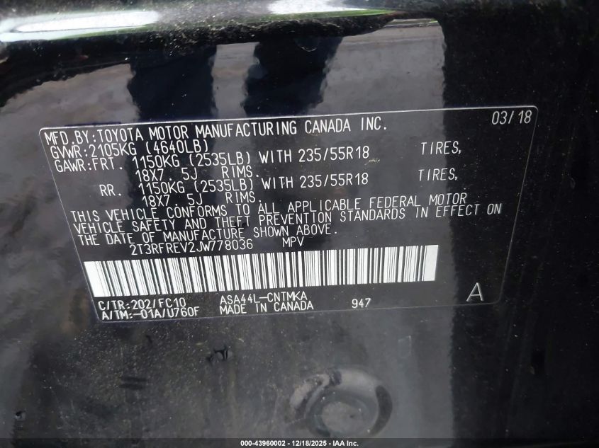 2018 Toyota Rav4 Adventure VIN: 2T3RFREV2JW778036 Lot: 43960002