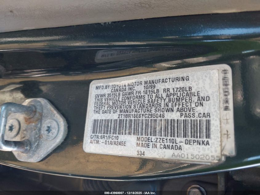 2000 Toyota Corolla Le VIN: 2T1BR18E8YC295046 Lot: 43960007