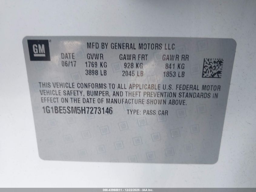 2017 Chevrolet Cruze Lt Auto VIN: 1G1BE5SM5H7273146 Lot: 43960011