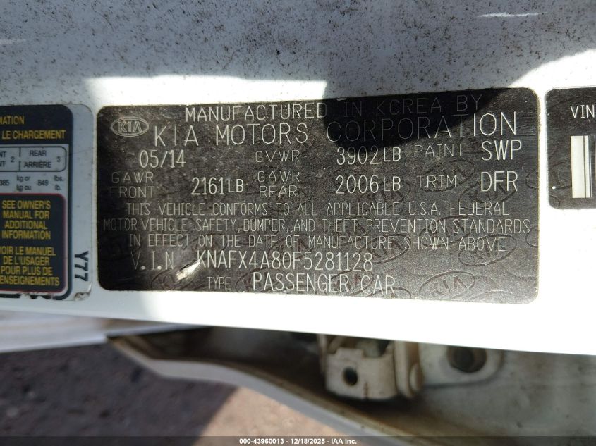 2015 Kia Forte Ex VIN: KNAFX4A80F5281128 Lot: 43960013