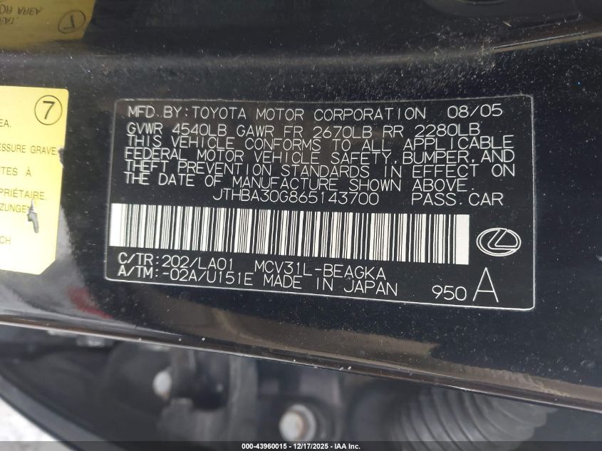 2006 Lexus Es 330 VIN: JTHBA30G865143700 Lot: 43960015