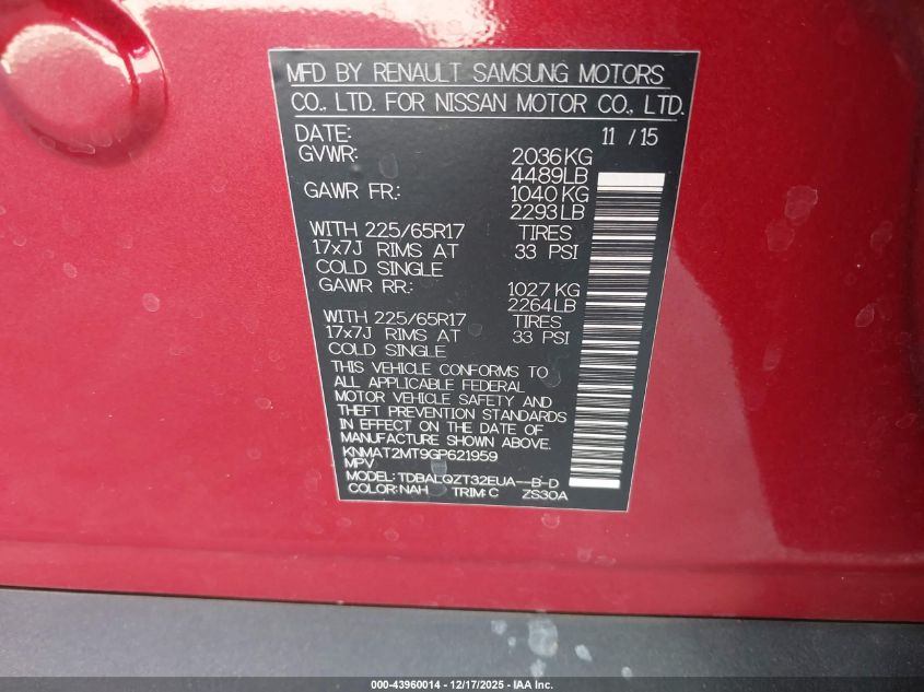 2016 Nissan Rogue Sv VIN: KNMAT2MT9GP621959 Lot: 43960014