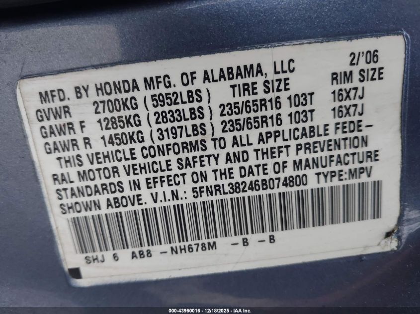 2006 Honda Odyssey Lx VIN: 5FNRL38246B074800 Lot: 43960016