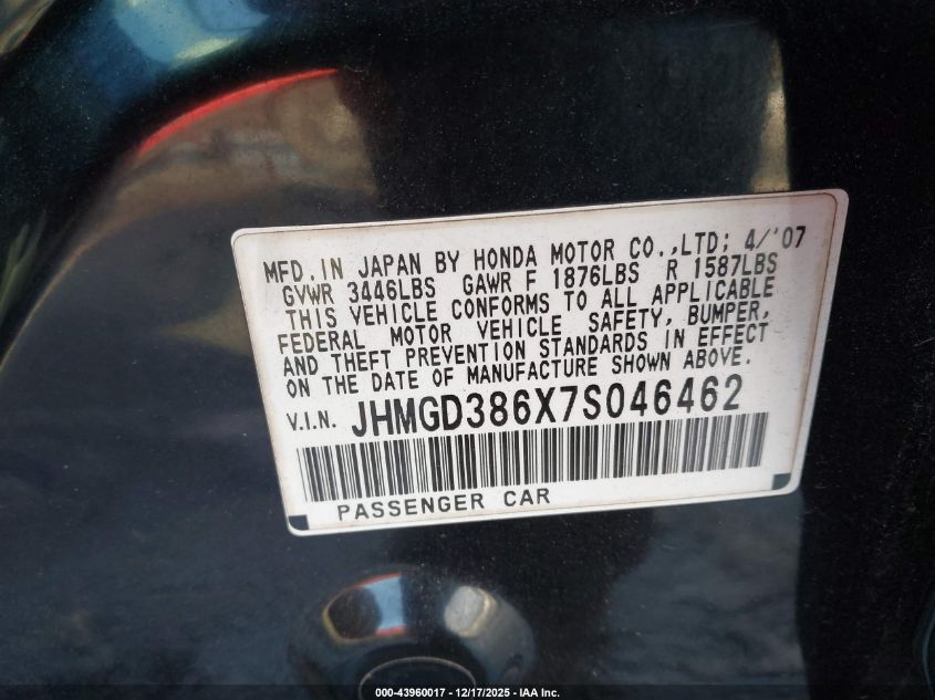 2007 Honda Fit Sport VIN: JHMGD386X7S046462 Lot: 43960017