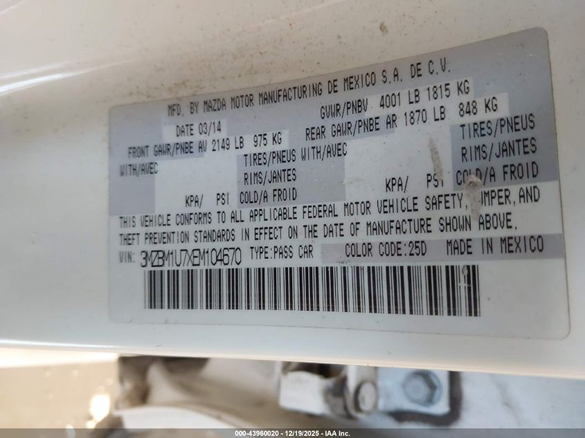 2014 Mazda Mazda3 I Sport VIN: 3MZBM1U7XEM104670 Lot: 43960020