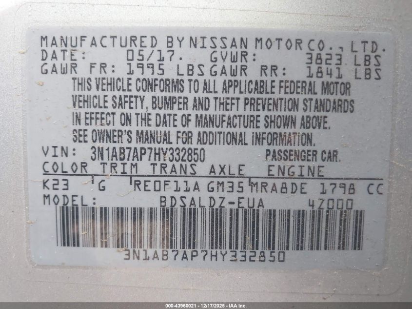 2017 Nissan Sentra Sv VIN: 3N1AB7AP7HY332850 Lot: 43960021
