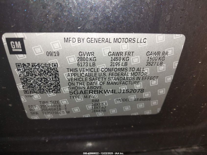 2020 Buick Enclave Fwd Essence VIN: 5GAERBKW4LJ152078 Lot: 43960022