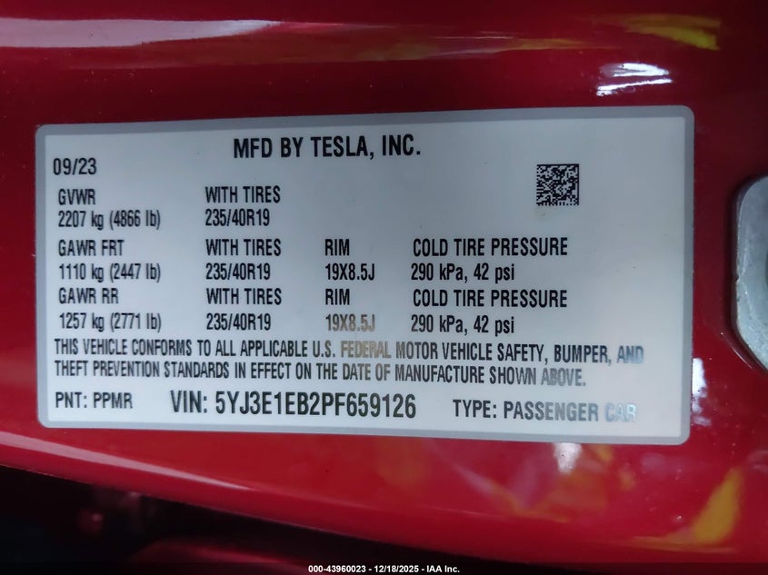 VIN 5YJ3E1EB2PF659126 2023 TESLA MODEL 3 LONG RANGE DUAL MOTOR ALL-WHEEL DRIVE