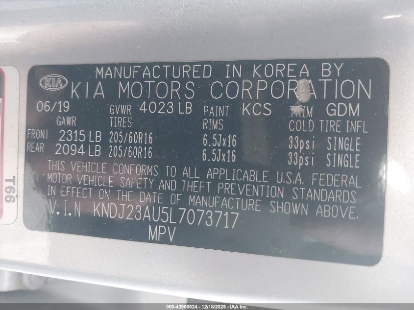 2020 Kia Soul Lx VIN: KNDJ23AU5L7073717 Lot: 43960024