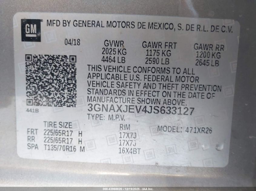 2018 Chevrolet Equinox Lt VIN: 3GNAXJEV4JS633127 Lot: 43960026