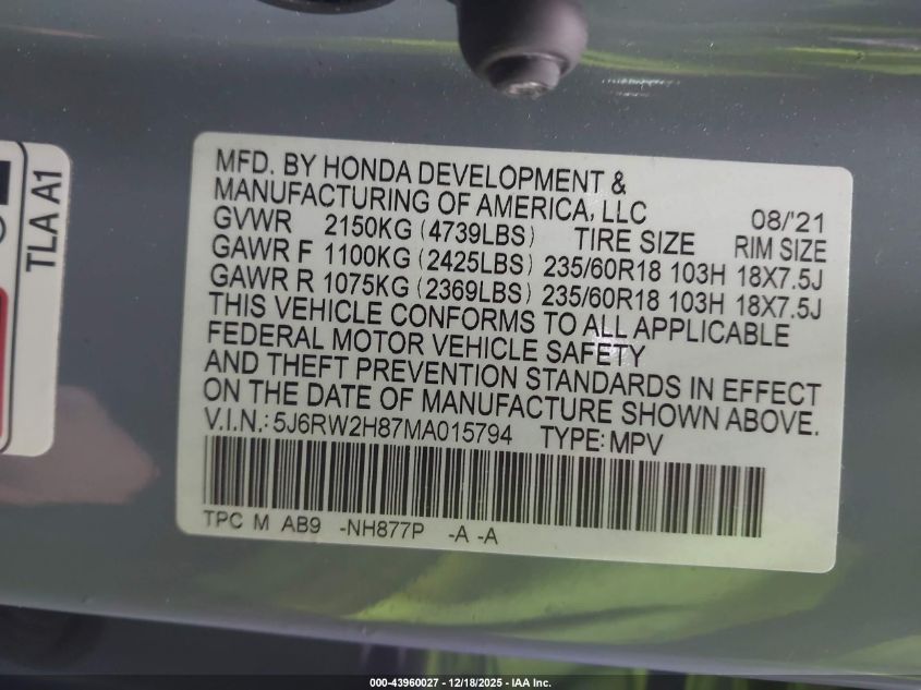 2021 Honda Cr-V Awd Ex-L VIN: 5J6RW2H87MA015794 Lot: 43960027