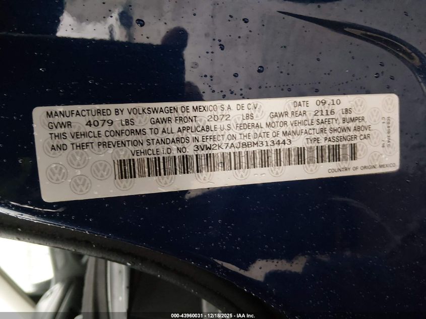 2011 Volkswagen Jetta 2.0L S VIN: 3VW2K7AJ8BM313443 Lot: 43960031