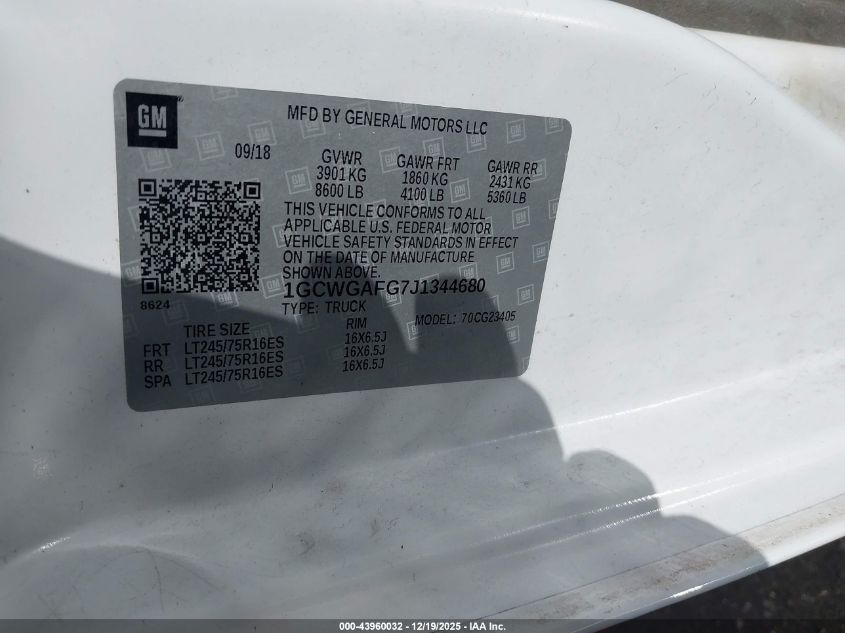 2018 Chevrolet Express 2500 Work Van VIN: 1GCWGAFG7J1344680 Lot: 43960032