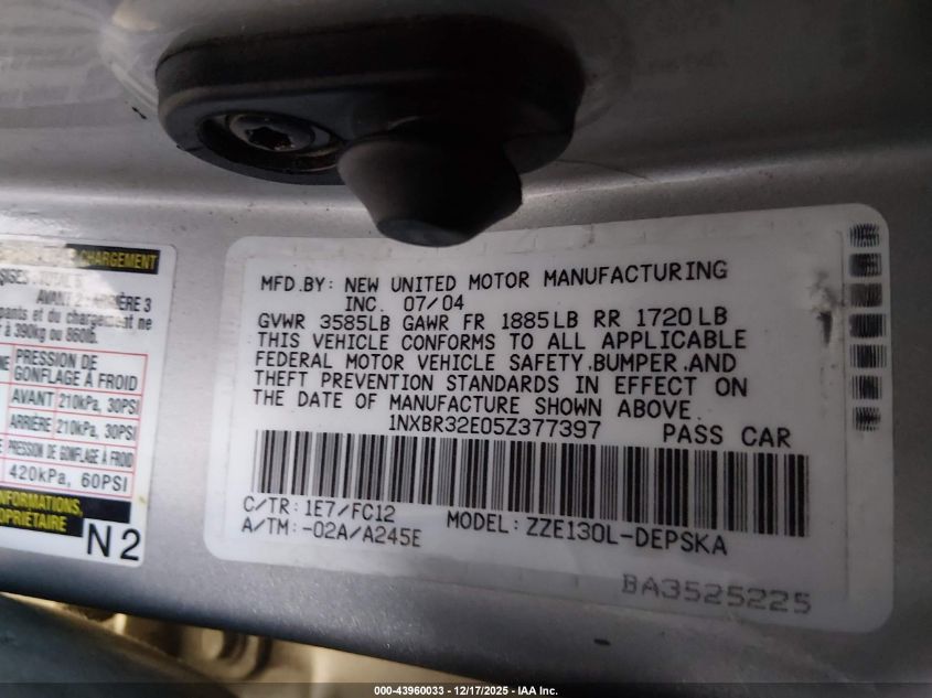 2005 Toyota Corolla S VIN: 1NXBR32E05Z377397 Lot: 43960033