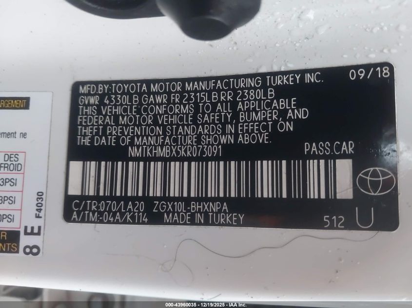 2019 Toyota C-Hr Limited VIN: NMTKHMBX5KR073091 Lot: 43960035