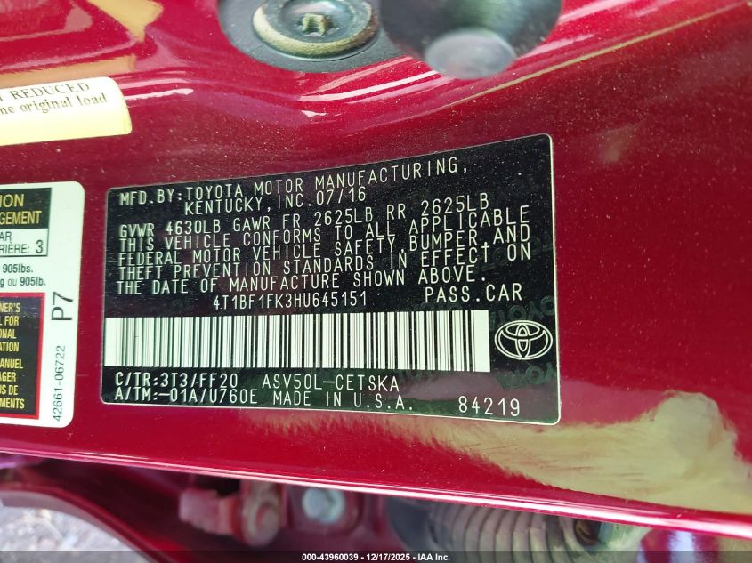 2017 Toyota Camry Se VIN: 4T1BF1FK3HU645151 Lot: 43960039